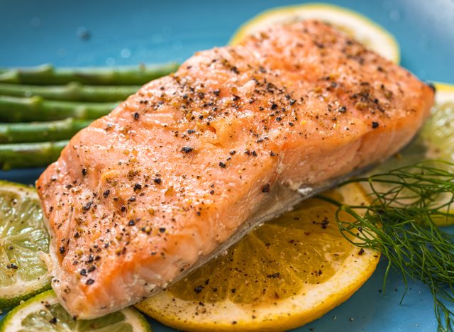 baked salmon served with asparagus lemon and dill