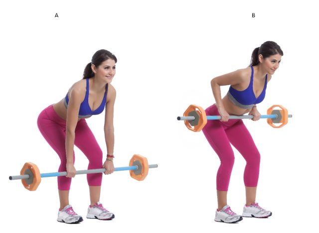 woman doing barbell row, concept of back workouts for bra flab