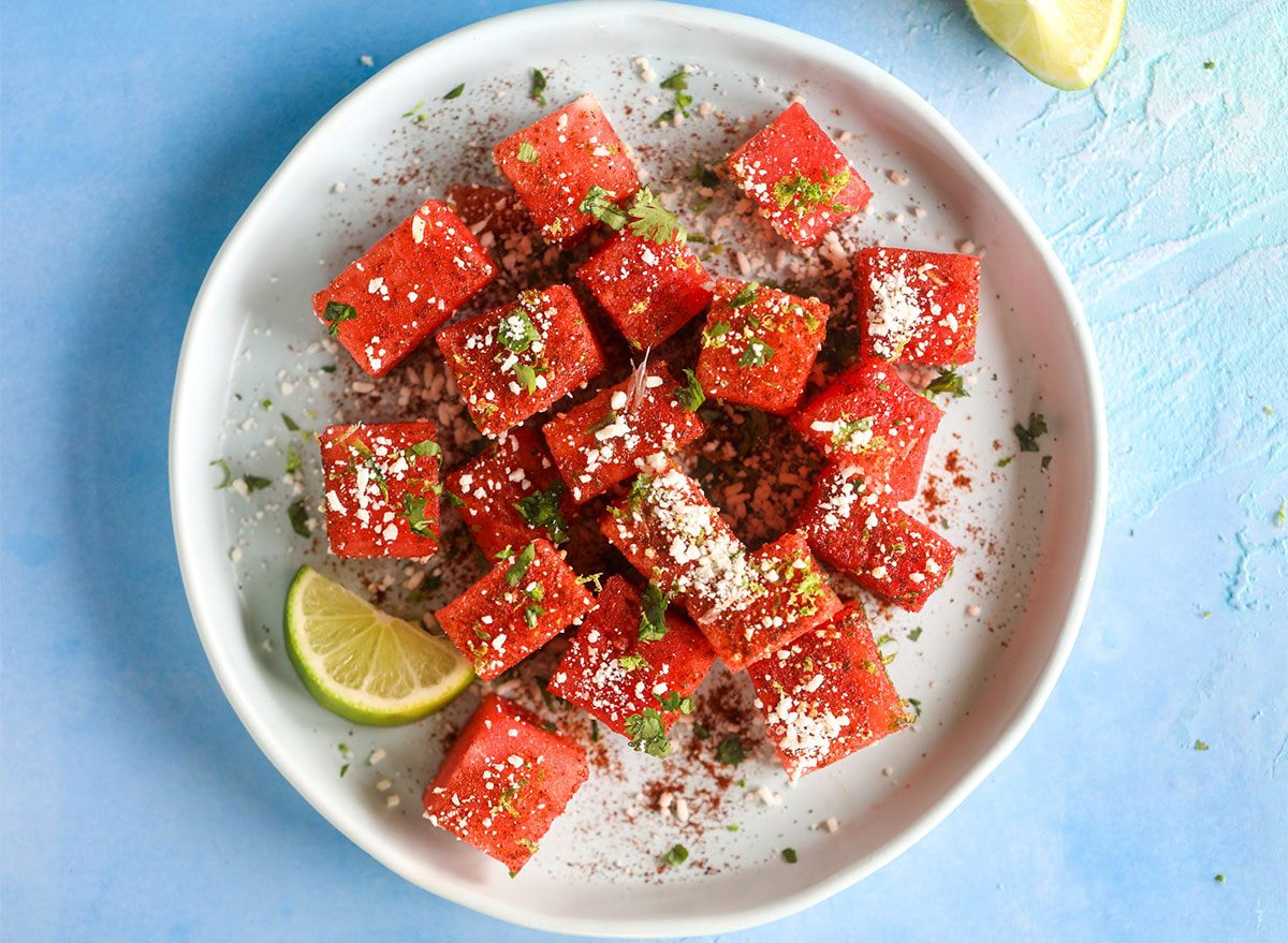 cubes of watermelon seasoned with chili and lime