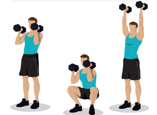 dumbbell squat to press thrusters, concept of free weight workouts to regain muscle