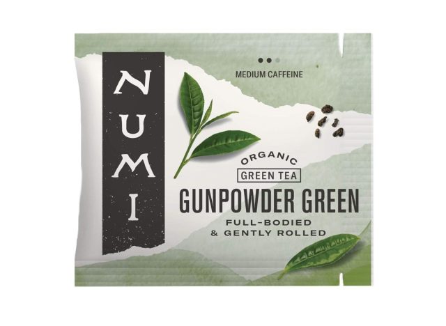 bag of Numi green tea on a white background