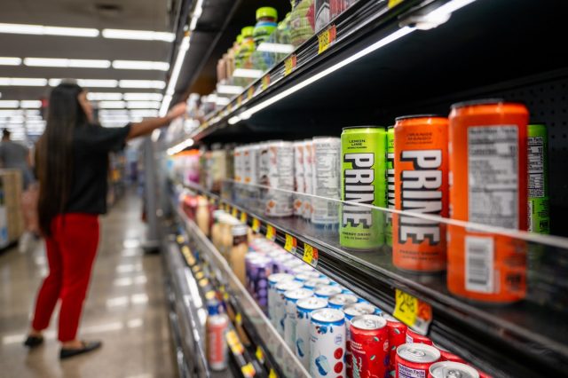 PRIME energy drinks are seen on shelves at a Walmart Supercenter.