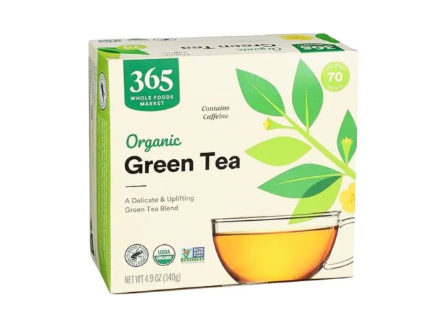 box of Whole Foods green tea on a white background