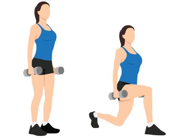 woman Weighted Lunges, concept of free weight workouts to regain muscle